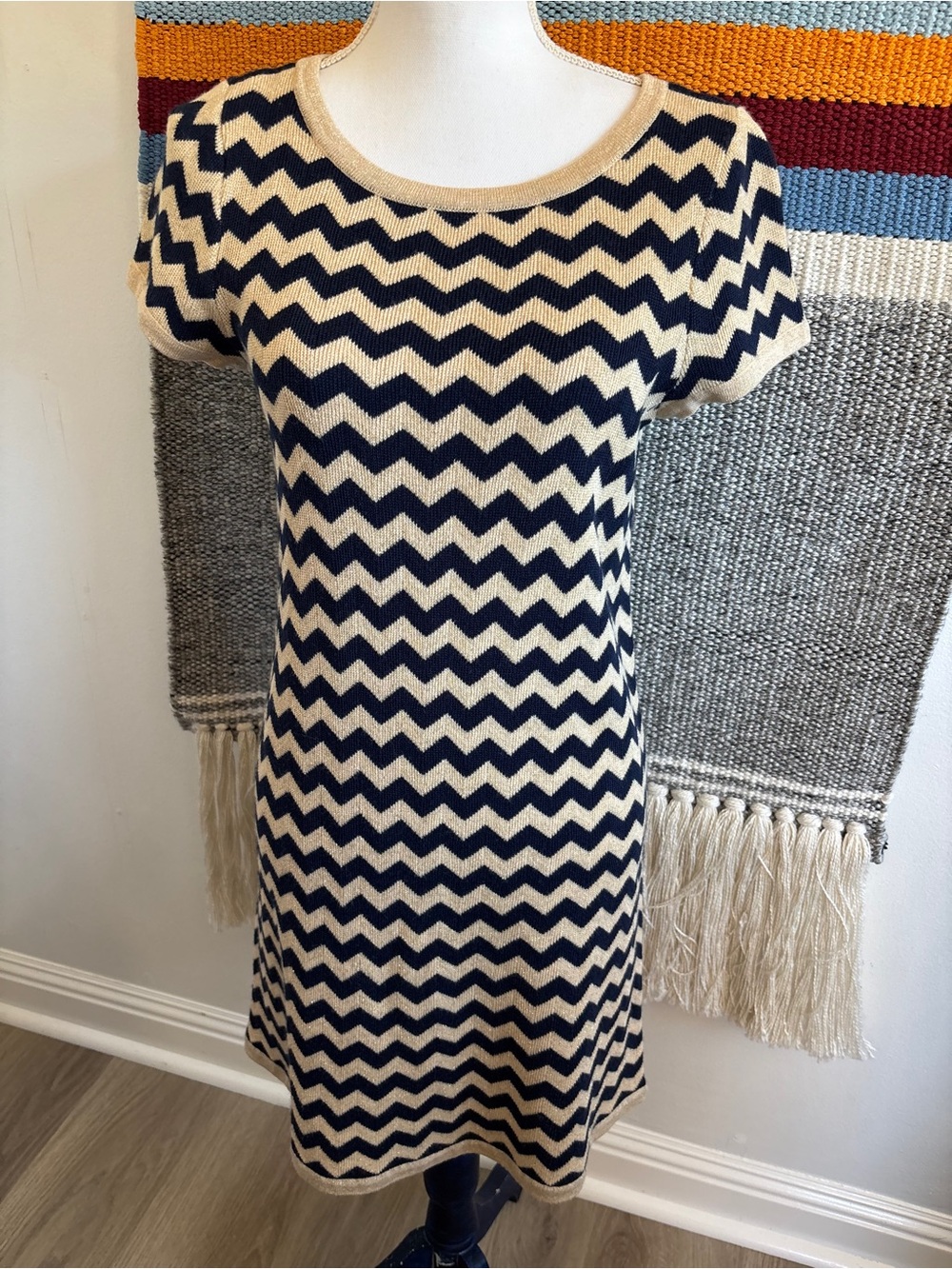 Lilly Pulitzer Navy and Cream Chevron Short Sleeve Gold Knit Dress
